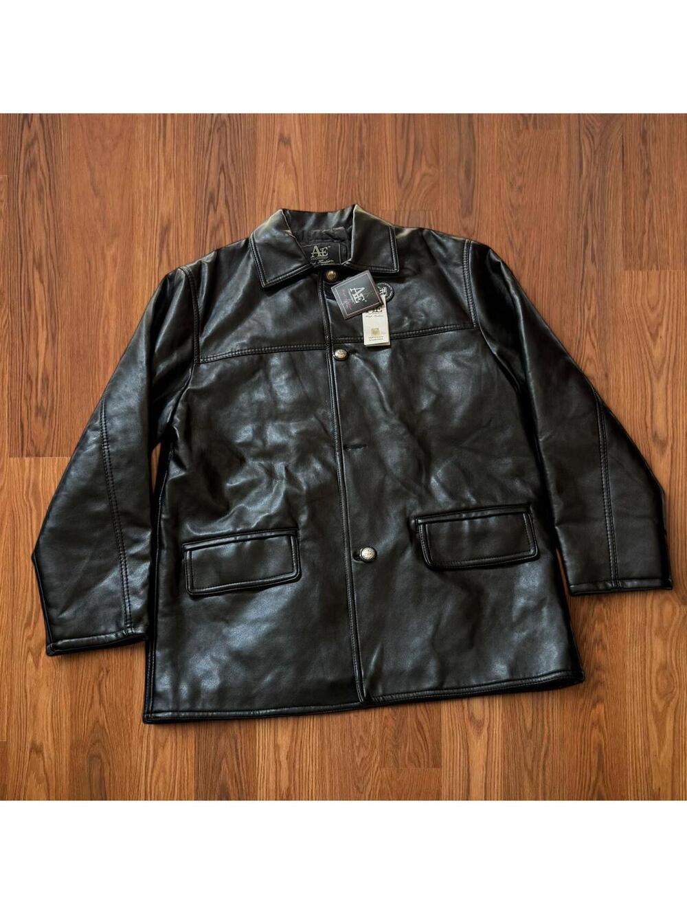 Andrea Ermanni Mens Size L Black Faux Leather Jacket Biker Snap Button Coat NWT